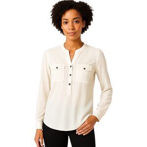 LOFT Small Off-White Henley Utility  Semi Sheer Blouse Button Front Long Sleeves